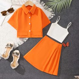 Clothing Sets 2024 Summer Suit Big Girl Clothing Set Short Sleeve Orange Skirt Vest + Shirt + Skirt Three Piece Set 7 8 9 10 11 12 Years Y2405201ZO3