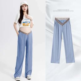 Jeans Summer Thin Denim Maternity Straight Pants Low Waist U Belly Clothes for Pregnant Women Wide Leg Loose Pregnancy Trousers L2405