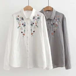 Women's Blouses Spring Double Cotton Yarn Shirts Women Turn-down Collar Loose Tops Girl Long Sleeve Embroidery 2024 Autumn WERQ-5986