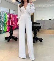 Women's Jumpsuits Rompers Jumpsuit Woman 2023 Fashion Long Elegant Sexy One Piece Wide Leg Waist Up Casual V-Neck Long Sleeved Conjoined Clothing Y240521