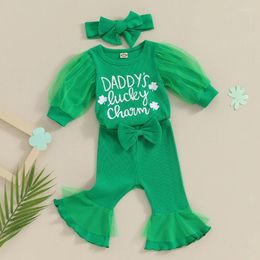 Clothing Sets Infant Baby Girl St Patrick S Day 3Pcs Long Lantern Sleeve Clover Print Green Luck Of The Irish Romper Flare Pants Headband