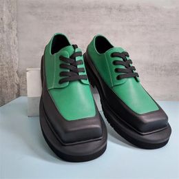 Casual Shoes Square Toe Men Green Genuine Leather Thick Bottom Oxford High Quality Britis Style Business Party