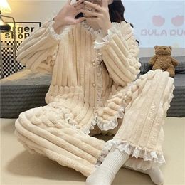 Women's Sleepwear Winter Pyjama Set Fleece Korea Style Ladies 2 Pcs With Pant Long Sleeve Warm Sweet Pyjama Suit For Female