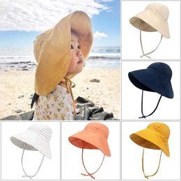 Caps Hats 2023 New Big Brim Baby Sun Hat Summer Preschool Girls Boys Bucket Cotton Linen Childrens Beach Travel 2M-4Y d240521