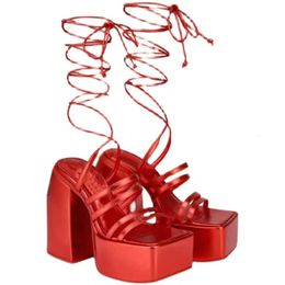 new style 2024 lady suede Ladies leather chunky high heel sandals solid Cross-tied platform peep-toe weddi party shoes Ankle Strap size 3 40c
