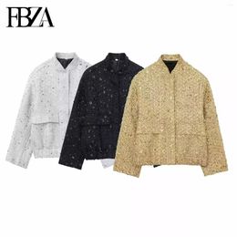 Women's Jackets FBZA Women Fashion Spring Flip Pocket Stand Collar Sequin Jacket Tweed Short Coats Chic Ladies Tops Mujer