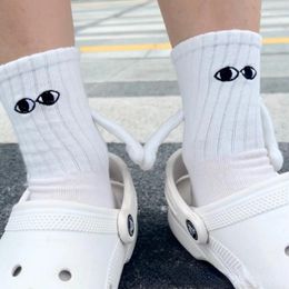 Women Socks 1 Pair Funny Creative Magnetic Attraction Hands Black White Cartoon Eyes Couples SocksClub Celebrity Couple Ins