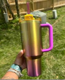 DHL New 40Oz Cobrand Sunset Gradient Adventure Quencher H2.0 Tumbler Ombre Stainless Steel Cups With Silicone Handle Lid Straw Neon White Pink Travel Car Mugs