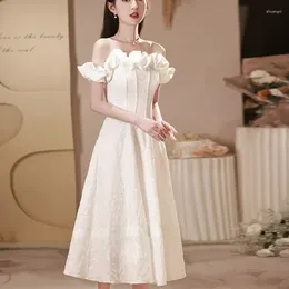 Party Dresses French Elegant Ruched White Formal Evening Women Sweet Boat Neck Wedding Guest Dress Simple Prom Gown