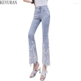 Women's Jeans Beaded Floral Split High Waist Women's 2024 Spring Summer Mom Flared Pants Vintage Blue Slim Nine-point Denim Ladies