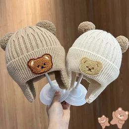 Caps Hats Baby cartoon bear Beanie hat cute ear protection earmuffs knitted girl winter warm baby crochet d240521