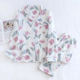 Women's Sleepwear Spring / Autumn Pure Cotton Gauze Thin Pajamas Loose Long Sleeved Pants Cardigan Home Suit Crepe Floral Print