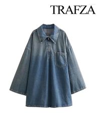 Casual Dresses TRAFZA Women's Denim Dress Fall Retro Shirt Collar Long Sleeves With Pockets Zipper Loose Party Robe Mini