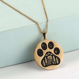 Cute Dog Cat Wolf Paw Claw Necklace Stainless Steel Moon Star Tree Animal Round Pendant Neck Chain For Women Jewelry Gift