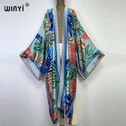 Silk Feeling Sexy Leaf Print Beach Wear Swim Suit Cover Coat Elegant Women Boho Holiday Long Sleeve Kimono Dress