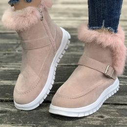 Padded Warm Soft Ankle Snow Furry Short Booties Woman Winter Boots Trend High Low Heel New Flat Shoes Fluffy Fur Pink Black 44