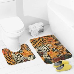 Bath Mats Bathroom Rugs Sets 2 Piece Tiger Botanical Print Absorbent U-Shaped Contour Toilet Rug