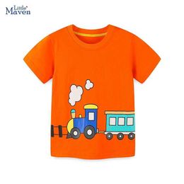 T-shirts Little maven 2024 New Kids Clothes T-shirts for Children Baby Boys Blouses T-shirt Cartoon Trains Cotton Tops 2-7 Years Y240521