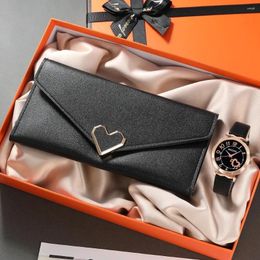 Wristwatches Women Simple Watch Fashion Leather Quartz Wallet Set Female Heart Shaped Long Dress Clock Montre Femme