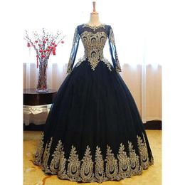 Newest Black Gold Lace Quinceanera Dresses Plus Size Sheer Long Sleeves Corset Back Tulle Sweet 16 Party Evening Ball Gown Prom Dress 0521