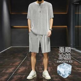 Men's Tracksuits 2024 Large 's Sports Suit Korean High Street Fashion T-shirt Shorts Ice Silk Summer Set Retro Neck Clothes Men 5XL