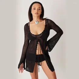 Crochet Long Sleeve Swimsuit Mini Cover Up Dress For Women Sexy High Slit Beach Tunic Bodycon 2024 Swim Cover-up Beachwear