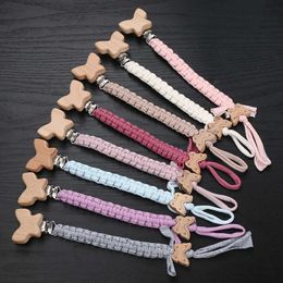 Pacifier Holders Clips# 1 piece of baby beech wood pacifier clip crochet cotton rope virtual support chain for handcrafted care chewing toy gifts d240521
