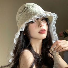 French Fairy Style Lace Streamer Hollow Straw Sun Hats for Women Summer Outdoor Seaside Beach Vacation Sunscreen Bucket Caps 240521