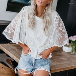 Women's Blouses Summer Casual Solid Colour Shirt Tops Elegant O Neck Lace Short Sleeve Embroidery Pullover Fashion Temperament Commute Blouse