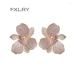 Stud Earrings FXLRY Design Fashion Golden Colour Cubic Zirconia Big Flower EEarring For Women Wedding Bride Jewellery