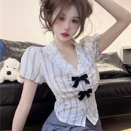 Women's Blouses Summer Striped Shirt And Blouse Ladies Y2k Fashion Casual Women Short Sleeve Tops Vintage Kawaii Bow Lace Patchwork Blusas