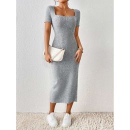 French Square Neck Ribbed Knit Short-sleeved Dress With Side Slits L2405