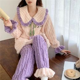 Women's Sleepwear Lady Autumn Winter Loungewear Suit Coral Plush Women Pyjamas Thickening Sleep Clothes Famale Warm Homewear Set Girls