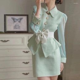 Work Dresses Luxury Tweed Skirt Set Women Fall French Vintage Premium Pearl Button Top Elegant 2 Piece Office Blazer