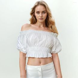 Women's Blouses Solid Fold Pleated Shirt Slash Neck Puff Short Sleeve Tunic Slim Fashion Woman 2024 Clothing Style