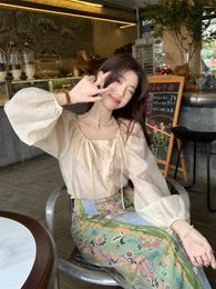 Women's Blouses French Round Neck Lace-up Loose Long-sleeved Shirt High Waist Slimming Floral Split Skirt