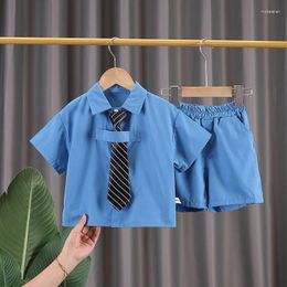 Clothing Sets 2024 Personalised Baby Boys Summer Outfits For Boy Clothes 6 To 9 Months Solid Color Twill Tie Shirts And Shorts Kids Suits