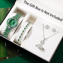 Wristwatches 6pcs Ladies Fashion Casual Star Number Full Diamond Emerald Quartz Watch Crystal Love Earrings Necklace Ring Bracelet Gift Set