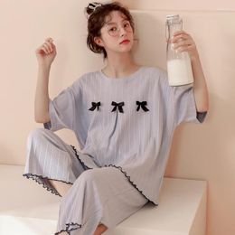 Women's Sleepwear Pyjamas Set Women Summer Cotton Korean Loose Short-sleeved Calf Length Pants Thin Two-piece Suit Students Home Clothes