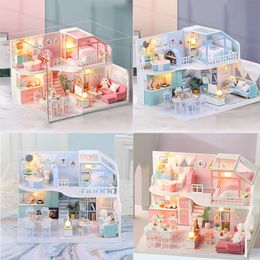 Kids Wooden Toys Doll House Miniature DollHouse Furniture Kit Music Magical Toy For Children Dollhouses Lights Birthday Gift