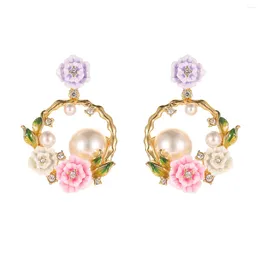 Stud Earrings Original Design Enamel Three Color Flowers Rose Crystal Pearl Jewelry For Woman 2024 Tre