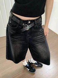 Women's Jeans Fashion High Waisted Dark Wash Knee Length Wide Leg Baggy Denim Shorts Y2K Style Women Black Loose Fitting Casual Pants