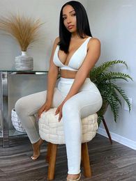 Women's Two Piece Pants Ribbed Women 2 Pieces V Neck Bra Leggings Set Crop Top Matching Co Ords Autumn Winter Clothes Sporty Tracksuit Club
