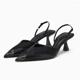 Dress Shoes TRAF Cross Satin Mesh Pumps For Woman Black Pointed Head Middle Spike Heel Slingbacks Women Summer Retro Mid Sandals