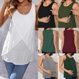Maternity Breastfeeding Tank Womens Irregular Solid Color Hem Tee Shirt Mom Casual Short Sleeve Basic Nursing Pregnant Tops L2405