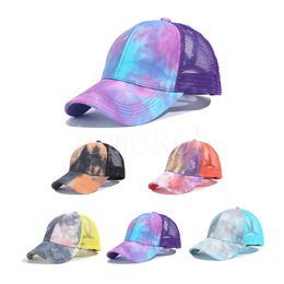 Women Messy High Bun Trucker Hats Mesh Gradient Rainbow Printed Baseball Caps Tie Dye Ponytail Snapback Caps DE539