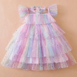 3-8Yrs Girls Perform Sequin Rainbow Children Princess Tutu Dress Summer Prom Mesh Dresses Kids Birthday Party Casual Wear