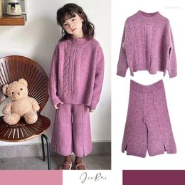 Clothing Sets Girls Sweater Set 2024 Spring Purple Fashion Korean Pullover Cotton Loose Wide Leg Pants Children's