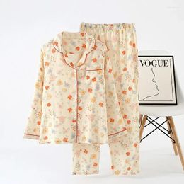 Women's Sleepwear Japanese Ladies Spring And Summer Cotton Crepe Pajamas Two-piece Long-Sleeved Trousers Cute Flower Printing Home Service