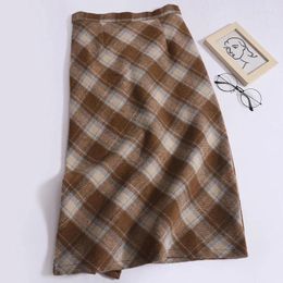 Skirts Autumn And Winter Korean Style Retro Temperament Plaid Woollen Skirt Women's Back Slit High Waist Slim Mid-length Trendy